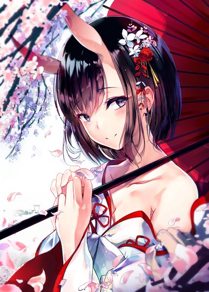 Anime picture 870x1220 with fate (series) fate/grand order shuten douji (fate) eien no juu nana-sa single tall image looking at viewer blush fringe short hair light erotic black hair hair between eyes purple eyes holding upper body traditional clothes japanese clothes horn (horns) light smile