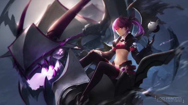 Anime picture 1890x1063 with elsword aisha landar swd3e2 long hair looking at viewer highres wide image twintails purple hair bare belly midriff watermark girl thighhighs gloves navel black thighhighs black gloves monster