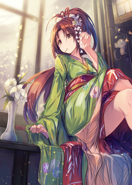 Anime-Bild 1066x1491 mit mahou shoujo madoka magica shaft (studio) sakura kyouko fal maro single long hair tall image brown hair holding brown eyes looking away ahoge ponytail traditional clothes japanese clothes from below crossed legs mouth hold girl hair ornament