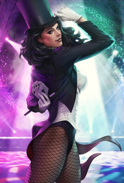Anime picture 883x1300 with dc comics zatanna artgerm (stanley lau) single long hair tall image looking at viewer light erotic black hair standing holding signed looking back arm up aqua eyes light smile lips realistic arm behind back adjusting hat