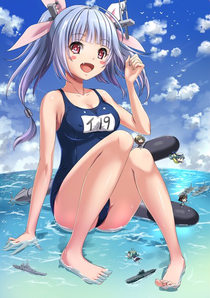 Anime picture 800x1131 with kantai collection i-19 submarine fairy (kantai collection) chaki-yam long hair tall image looking at viewer fringe breasts open mouth light erotic smile sitting multiple girls blue hair sky cleavage cloud (clouds) full body red hair