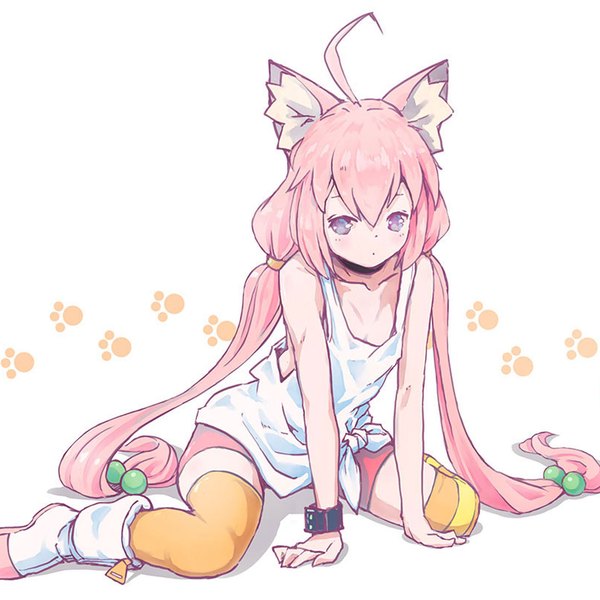Anime picture 1080x1080 with virtual youtuber hinata channel nekomiya hinata satyuas single fringe simple background hair between eyes white background sitting purple eyes twintails animal ears pink hair ahoge very long hair cat ears arm support low twintails wariza