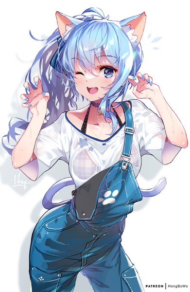 Anime picture 652x1000 with virtual youtuber hololive hoshimachi suisei hong (white spider) single long hair tall image looking at viewer fringe open mouth blue eyes simple background hair between eyes standing white background animal ears blue hair ahoge nail polish one eye closed