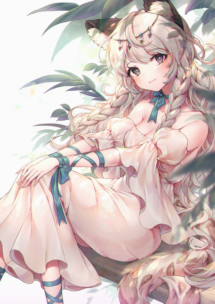 Anime picture 800x1132 with arknights pramanix (arknights) ozzingo single long hair tall image looking at viewer blush fringe breasts simple background blonde hair white background sitting bare shoulders brown eyes animal ears cleavage tail braid (braids)