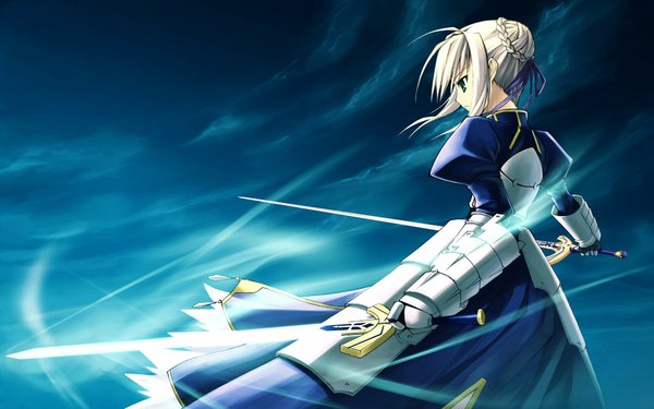 Anime picture 1920x1200 with fate (series) fate/stay night studio deen type-moon artoria pendragon (all) saber single highres short hair blonde hair wide image green eyes sky cloud (clouds) ahoge braid (braids) night girl dress ribbon (ribbons)