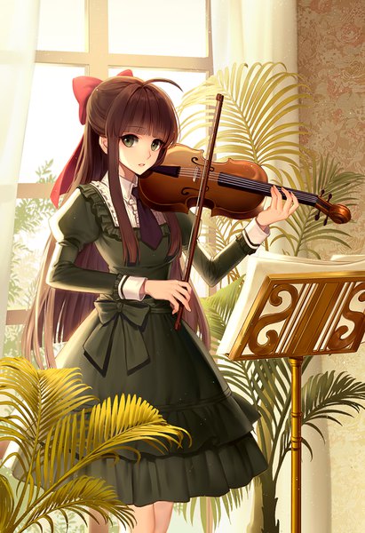 Anime picture 800x1166 with original liluo (jinha) single long hair tall image looking at viewer blue eyes brown hair playing instrument girl dress bow hair bow musical instrument violin bow (instrument)
