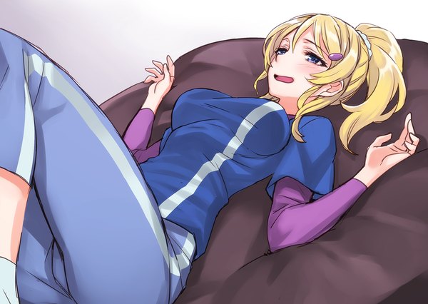 Anime picture 1200x853 with love live! school idol project sunrise (studio) love live! ayase eli matsuryuu single long hair blush breasts open mouth blue eyes simple background blonde hair looking away lying on back gradient background girl hair ornament pillow