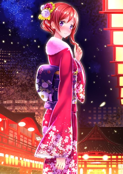 Anime picture 1187x1680 with love live! school idol project sunrise (studio) love live! nishikino maki swordsouls single tall image blush short hair purple eyes red hair traditional clothes japanese clothes looking back revision girl hair ornament petals kimono obi