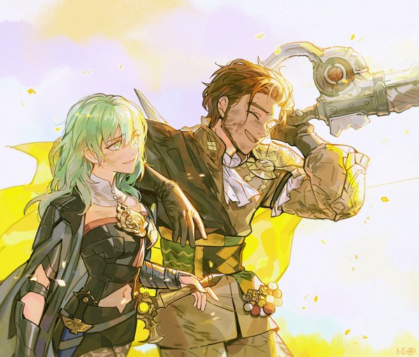 Anime picture 1920x1635 with fire emblem fire emblem: three houses nintendo byleth (fire emblem) byleth (female) (fire emblem) claude von riegan enlightened byleth (female) alzi xiaomi long hair fringe highres short hair open mouth simple background smile hair between eyes brown hair standing holding green eyes