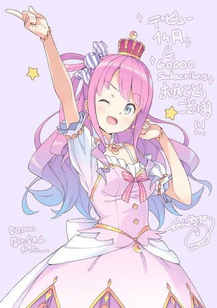 Anime picture 955x1351 with virtual youtuber hololive himemori luna himemori luna (1st costume) kanzaki hiro single long hair tall image looking at viewer open mouth green eyes pink hair :d one eye closed arm up wink official art text purple background milestone celebration