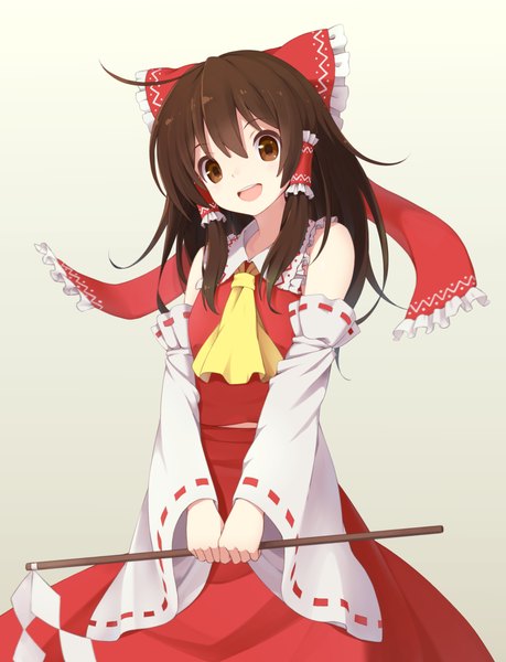 Anime picture 784x1024 with touhou hakurei reimu 40cabbage single long hair tall image looking at viewer open mouth simple background hair between eyes brown hair bare shoulders brown eyes ahoge traditional clothes grey background miko girl skirt bow