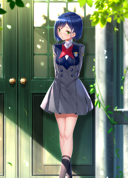 Anime picture 1055x1463 with darling in the franxx studio trigger ichigo (darling in the franxx) swordsouls single tall image blush short hair standing green eyes blue hair looking away shadow hands behind back girl uniform plant (plants) school uniform socks hairclip