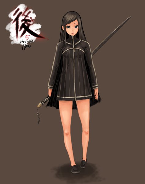 Anime picture 1300x1647 with original caooll (co-ohol) single long hair tall image looking at viewer black hair simple background green eyes lips legs brown background girl weapon sword katana
