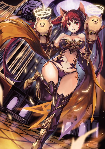 Anime picture 1200x1705 with shingeki no bahamut cerberus (shingeki no bahamut) eruthika single tall image looking at viewer blush fringe breasts light erotic smile red eyes large breasts standing twintails animal ears payot bent knee (knees) red hair indoors