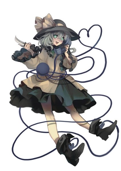 Anime picture 726x1024 with touhou komeiji koishi no-kan single tall image fringe short hair open mouth simple background hair between eyes white background green eyes looking away full body grey hair jpeg artifacts heart of string girl weapon hat