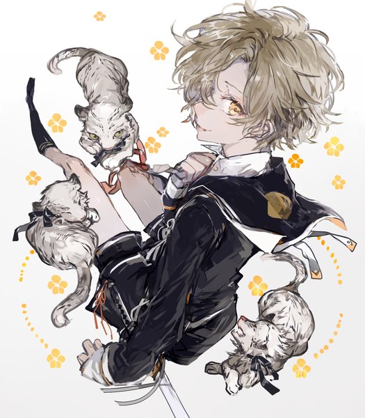 Anime picture 875x1000 with touken ranbu nitroplus gokotai gokotai's tigers aki mitsu single tall image looking at viewer fringe short hair simple background blonde hair smile sitting holding yellow eyes bent knee (knees) from above hair over one eye looking up