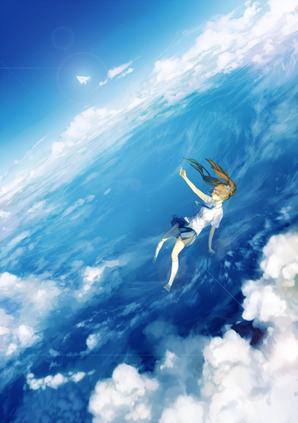 Anime picture 859x1215 with spencer sais single long hair tall image brown hair twintails sky cloud (clouds) pleated skirt from above sunlight outstretched arm sunbeam falling girl skirt uniform shirt serafuku necktie