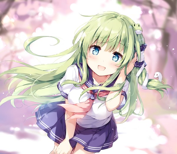 Anime picture 1044x910 with touhou kochiya sanae miyase mahiro single long hair looking at viewer blush fringe open mouth blue eyes smile standing payot outdoors blunt bangs :d pleated skirt green hair wind blurry