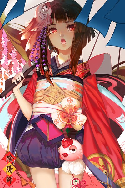 Anime-Bild 600x900 mit onmyoji kagura (onmyoji) rino (1992085710) single tall image fringe short hair open mouth black hair red eyes looking away blunt bangs traditional clothes japanese clothes wide sleeves hieroglyph girl hair ornament animal kimono