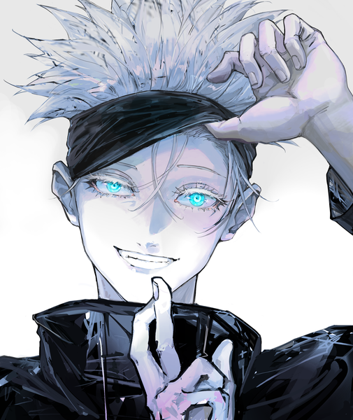 Anime picture 2040x2422 with jujutsu kaisen mappa gojou satoru kf8fw single tall image looking at viewer highres short hair blue eyes simple background smile white background silver hair upper body grin spiked hair crossed fingers boy hairband