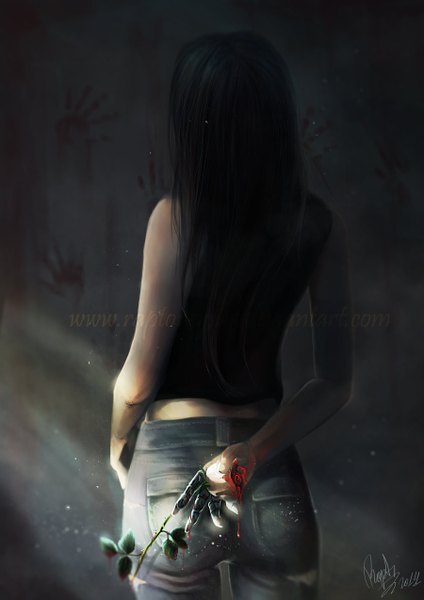 Anime picture 900x1273 with raptorzysko single long hair tall image black hair bare shoulders signed ass sunlight realistic inscription back arm behind back girl shirt jeans hands