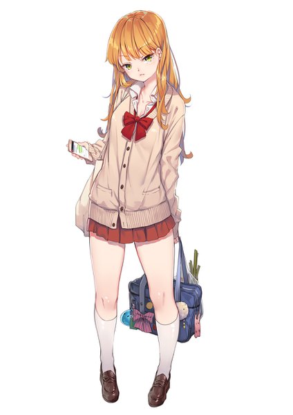 Anime picture 900x1273 with original fangxiang cuoluan single long hair tall image looking at viewer simple background white background green eyes full body orange hair open collar girl skirt uniform school uniform miniskirt socks bowtie white socks