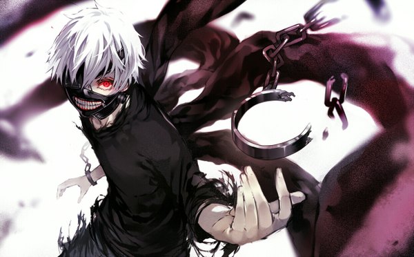 Anime picture 1242x772 with tokyo ghoul studio pierrot kaneki ken bon (artist) single looking at viewer highres short hair open mouth red eyes wide image white hair fingernails from above glowing dark background looking up glowing eye (eyes) thighhighs boy