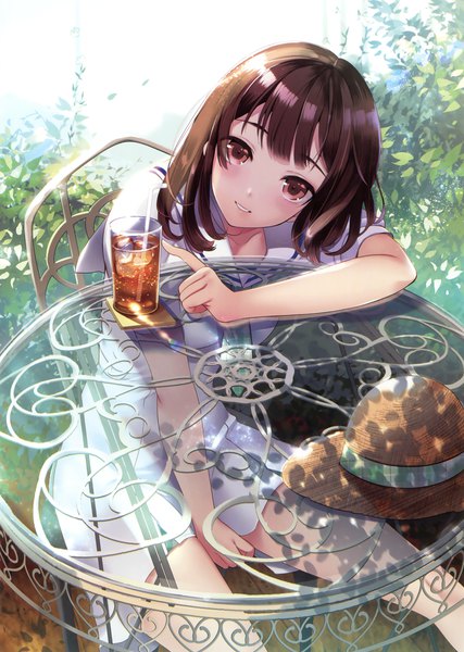Anime picture 2494x3500 with original hayakawa akari single long hair tall image looking at viewer blush highres brown hair sitting brown eyes head tilt scan hat removed headwear removed girl dress plant (plants) hat sundress