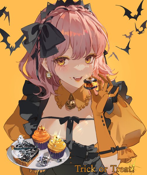 Anime picture 2000x2382 with original okku single tall image looking at viewer blush fringe highres short hair open mouth simple background smile yellow eyes pink hair upper body braid (braids) :d sparkle puffy sleeves halloween