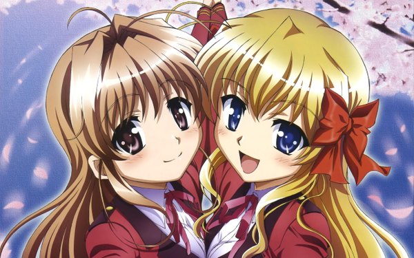 Anime picture 2560x1600 with fortune arterial august soft sendou erika yuuki haruna blush highres open mouth blue eyes blonde hair smile brown hair wide image multiple girls brown eyes sky ahoge girl uniform bow 2 girls