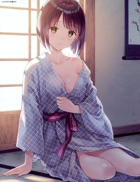 Anime picture 3950x5154 with original dengeki moeou hiten (hitenkei) single tall image looking at viewer blush fringe highres short hair breasts light erotic black hair sitting signed yellow eyes absurdres indoors blunt bangs traditional clothes