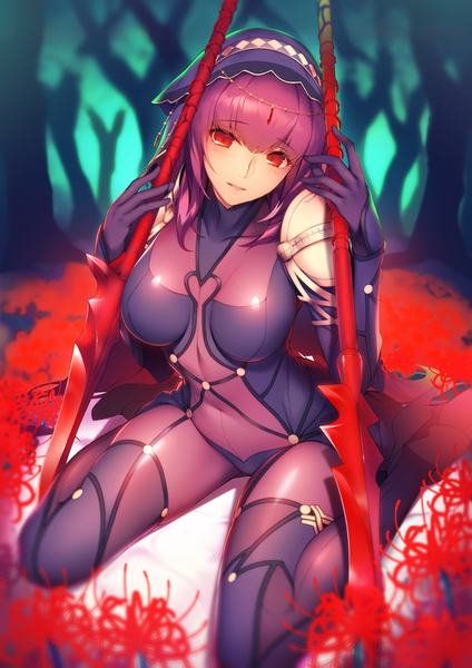 Anime-Bild 3500x4950 mit fate (series) fate/grand order scathach (fate) (all) scathach (fate) ryuji (ikeriu) single long hair tall image looking at viewer blush fringe highres breasts light erotic hair between eyes red eyes sitting holding absurdres purple hair