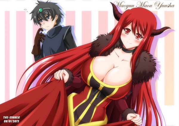 Anime picture 1200x844 with maoyuu maou yuusha arms corporation maou (maoyuu) yuusha (maoyuu) the-sinner long hair blush short hair breasts light erotic black hair smile red eyes large breasts red hair horn (horns) black eyes girl dress boy