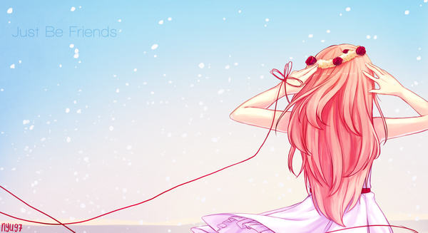 Anime picture 1952x1066 with vocaloid just be friends (vocaloid) megurine luka eva smith single long hair highres simple background wide image standing bare shoulders signed pink hair from behind arms up gradient background text blue background english girl