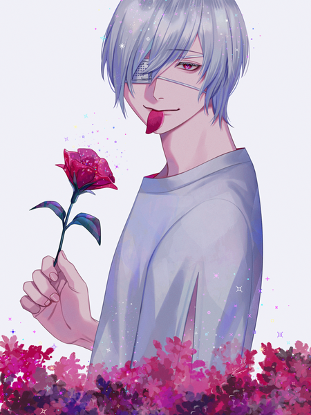 Anime picture 750x1000 with original kurayoshi samu (sum) single tall image looking at viewer fringe short hair simple background smile hair between eyes red eyes standing holding silver hair upper body grey background mouth hold boy flower (flowers) petals