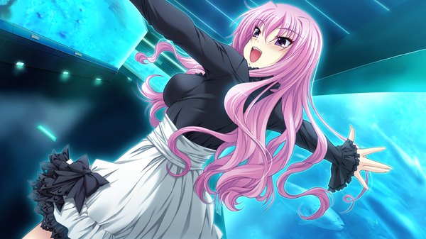 Anime picture 1280x720 with try big! - lesson intense breast massage (game) long hair open mouth wide image pink hair game cg pink eyes looking back girl