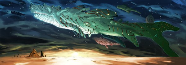 Anime picture 3395x1200 with tottori (artist) highres wide image light landscape surreal long image fish (fishes) sun whale tent