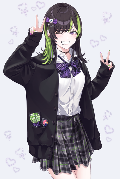 Anime picture 1158x1727 with original chobe 2 single long hair tall image looking at viewer blush fringe black hair simple background smile standing purple eyes payot blunt bangs nail polish one eye closed multicolored hair wink grey background