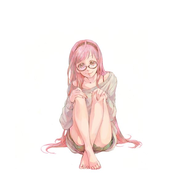 Anime picture 1256x1365 with vocaloid megurine luka shouyu meshi single long hair tall image looking at viewer fringe simple background smile white background sitting pink hair full body pink eyes barefoot convenient leg girl glasses shorts