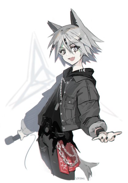 Anime picture 1561x2239 with arknights ambience synesthesia lappland (arknights) soyoong jun single tall image looking at viewer fringe short hair open mouth hair between eyes white background signed animal ears silver hair tail nail polish :d animal tail open jacket