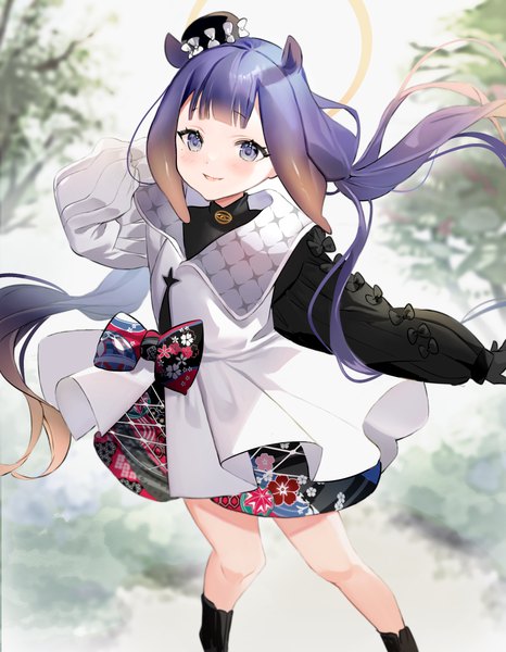 Anime picture 1876x2417 with virtual youtuber hololive hololive english ninomae ina'nis ninomae ina'nis (3rd costume) kazo (apap023451) single long hair tall image blush highres blue eyes twintails animal ears blue hair looking away low twintails official alternate costume floral print tentacle hair