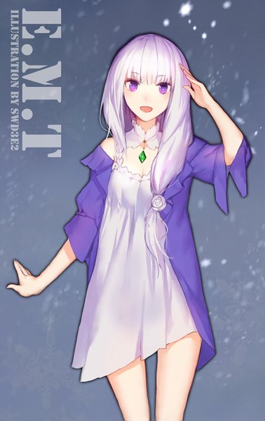 Anime picture 850x1346 with re:zero kara hajimeru isekai seikatsu white fox emilia (re:zero) swd3e2 single long hair tall image looking at viewer blush fringe open mouth standing purple eyes signed purple hair blunt bangs head tilt :d arm up hair flower