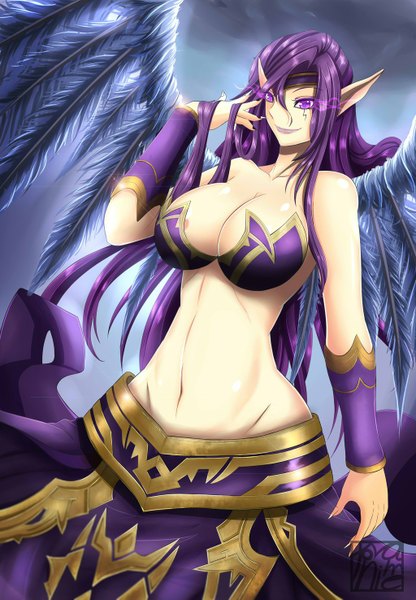 Anime picture 1024x1475 with league of legends morgana (league of legends) torahime (roland00) single long hair tall image breasts light erotic smile large breasts purple eyes purple hair pointy ears bare belly midriff glowing glowing eye (eyes) girl wings