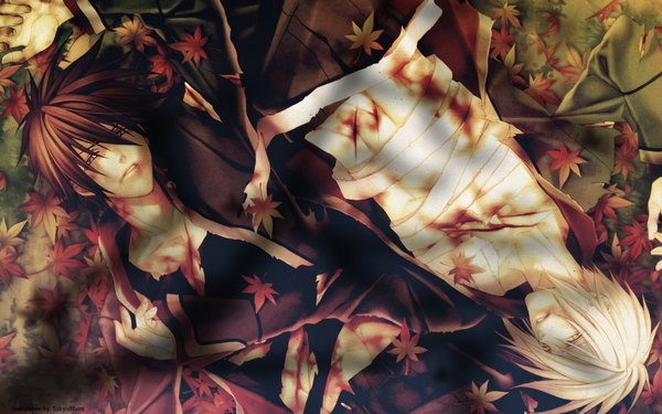 Anime picture 1920x1200 with hiiro no kakera yuuichi komura onizaki takuma yone kazuki highres short hair blonde hair brown hair wide image lying injury cuts boy leaf (leaves) blood bandage (bandages) maple leaf foliage