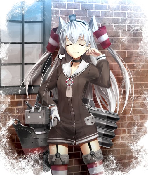 Anime picture 1100x1300 with kantai collection amatsukaze destroyer rensouhou-kun kouji (astral reverie) single long hair tall image white hair eyes closed light smile two side up girl thighhighs gloves weapon hat white gloves hair tubes sailor suit mini hat