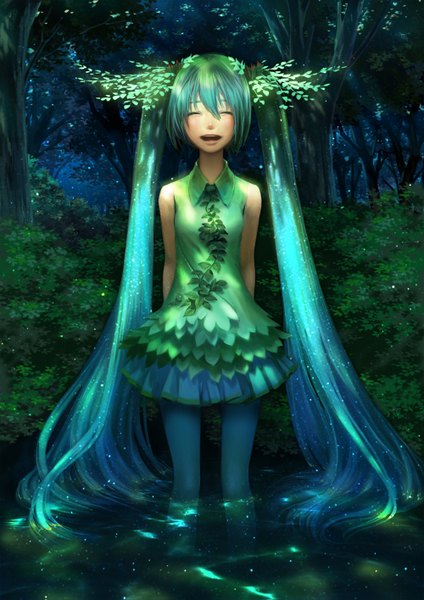 Anime picture 1000x1415 with vocaloid hatsune miku yuanmaru single tall image blush twintails bare shoulders eyes closed very long hair aqua hair nature girl dress plant (plants) tree (trees) water forest