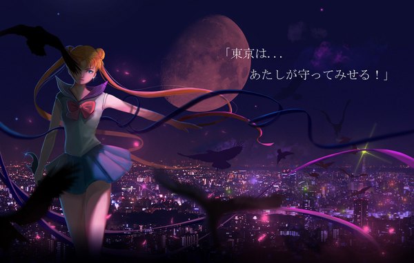 Anime picture 1695x1080 with bishoujo senshi sailor moon toei animation tsukino usagi sailor moon otakucake long hair looking at viewer fringe blue eyes blonde hair standing twintails cloud (clouds) pleated skirt night hair bun (hair buns) night sky city cityscape flying