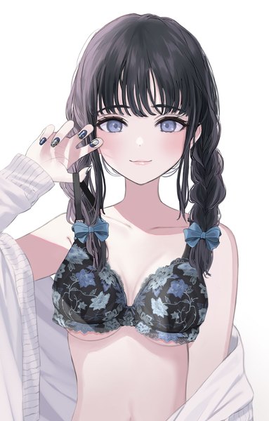 Anime picture 1272x1994 with original sutochan single long hair tall image looking at viewer blush fringe breasts blue eyes light erotic black hair simple background white background upper body braid (braids) nail polish twin braids underboob nail art