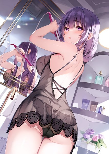 Anime picture 710x1003 with original miyase mahiro single long hair tall image looking at viewer blush breasts open mouth light erotic large breasts purple eyes holding purple hair ass indoors looking back from behind :o dutch angle