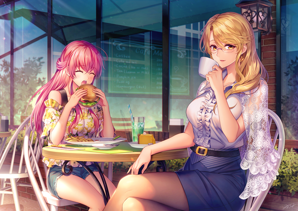 Anime picture 1446x1024 with original milcho long hair looking at viewer blush fringe open mouth blonde hair hair between eyes sitting bare shoulders multiple girls holding signed yellow eyes pink hair ahoge outdoors eyes closed light smile